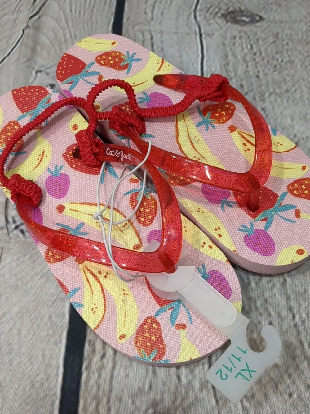 Cat & Jack Red Glitter Strap Pink Fruit-Print Flip Flop Sandals